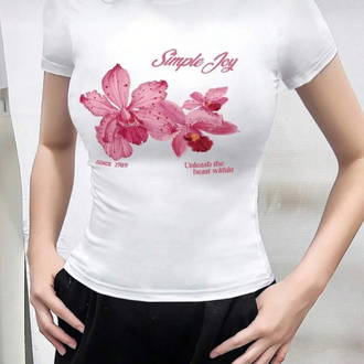 Simple Joy baskılı bisiklet yaka dar crop tshirt