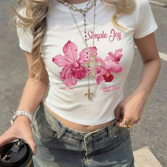 Simple Joy baskılı bisiklet yaka dar crop tshirt