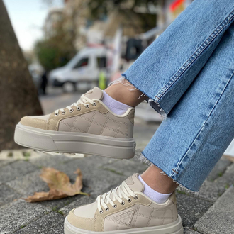 Kapitone Detaylı Bej Kadın Kalın Taban Sneakers