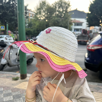 Renkli Hasır Örgü Bebek/Çocuk Güneş Şapkası – Bağcıklı ve İşlemeli