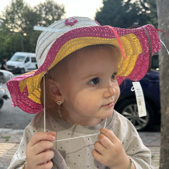 Renkli Hasır Örgü Bebek/Çocuk Güneş Şapkası – Bağcıklı ve İşlemeli