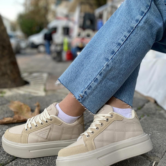 Kapitone Detaylı Bej Kadın Kalın Taban Sneakers