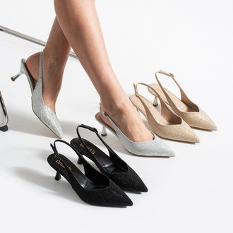 AURELIA Kadın Gümüş Sivri Burun Slingback 6 cm İnce Topuk Parlak Simli Abiye Ayakkabı