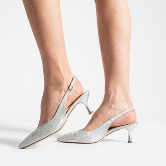 AURELIA Kadın Gümüş Sivri Burun Slingback 6 cm İnce Topuk Parlak Simli Abiye Ayakkabı