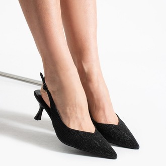 AURELIA Kadın Siyah Simli Sivri Burun Slingback 6 cm İnce Topuk Parlak Simli Abiye Ayakkabı