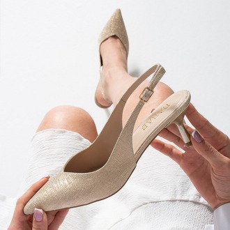 AURELIA Kadın Altın Gold Sivri Burun Slingback 6 cm İnce Topuk Parlak Simli Abiye Ayakkabı