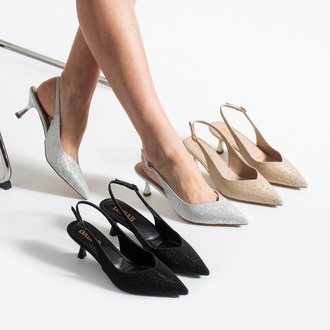 AURELIA Kadın Altın Gold Sivri Burun Slingback 6 cm İnce Topuk Parlak Simli Abiye Ayakkabı