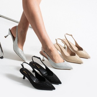 AURELIA Kadın Siyah Simli Sivri Burun Slingback 6 cm İnce Topuk Parlak Simli Abiye Ayakkabı