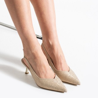 AURELIA Kadın Altın Gold Sivri Burun Slingback 6 cm İnce Topuk Parlak Simli Abiye Ayakkabı