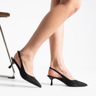 AURELIA Kadın Siyah Simli Sivri Burun Slingback 6 cm İnce Topuk Parlak Simli Abiye Ayakkabı