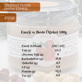 Şekersiz (%100) Fındık Ezmesi 250 Gr. (3 Adet) - Taneli Yoğun Kıvam