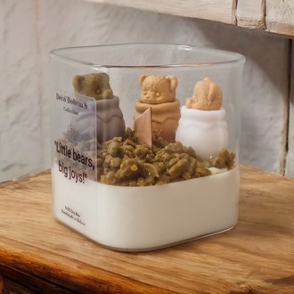 Doğal Ahşap Fitilli El Yapımı Soya Mum, Ayıcık Temalı Vegan Mum