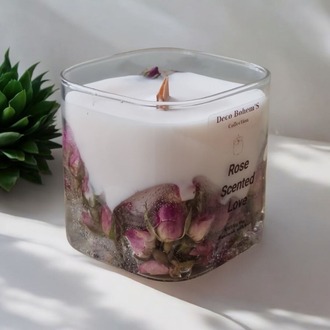 Gerçek Kurutulmuş Gül Tomurcuklu Ahşap Fitilli Soya Wax Mum,Gül Kokulu Jel Mum