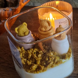 Doğal Ahşap Fitilli El Yapımı Soya Mum, Ayıcık Temalı Vegan Mum