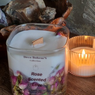 Gerçek Kurutulmuş Gül Tomurcuklu Ahşap Fitilli Soya Wax Mum,Gül Kokulu Jel Mum