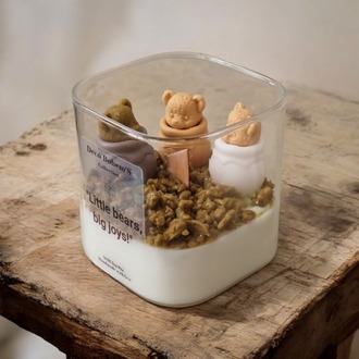 Doğal Ahşap Fitilli El Yapımı Soya Mum, Ayıcık Temalı Vegan Mum