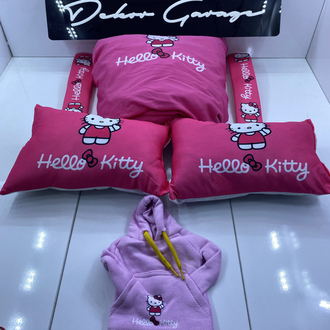 Hello Kitty Pembe Süper Set Penye Kılıf + Kemer Ped + Boyun Yastığı + Vites Poları