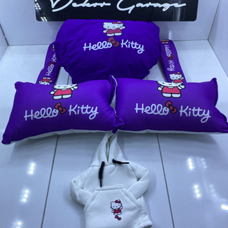 Hello Kitty Mor Süper Set Penye Kılıf + Kemer Ped + Boyun Yastığı + Vites Poları