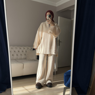 Polo yaka örgü triko takım (bej)