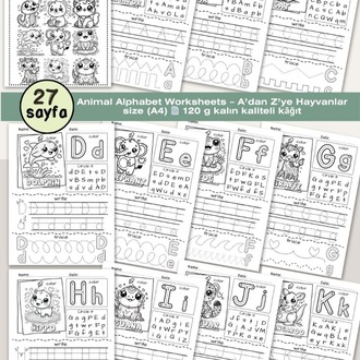Animal Alphabet Worksheets – A’dan Z’ye Hayvanlar (OK06)