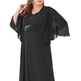 Kadın Büyük Beden Uzun Şifon Abiye V Yaka Kloş Anne Abiye, 46-52