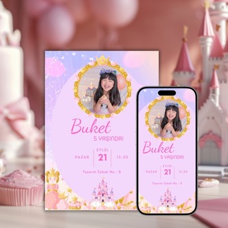 Prenses Temalı Doğum Günü Davetiyesi - Fairy Tale