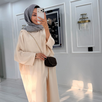 Ekru Pantolonlu Abaya/Tunik Takım