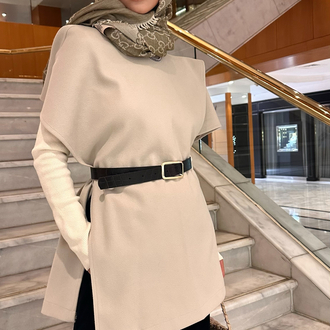 Beige Flow Kemerli Şal Panço