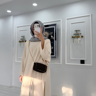 Ekru Pantolonlu Abaya/Tunik Takım