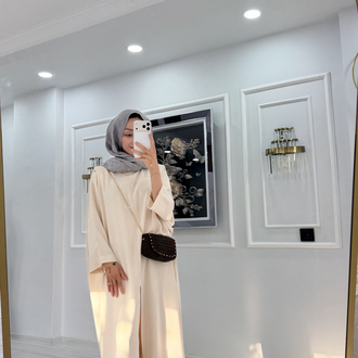 Ekru Pantolonlu Abaya/Tunik Takım