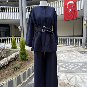 Jovanni çift toka kemerli siyah gabardin takım