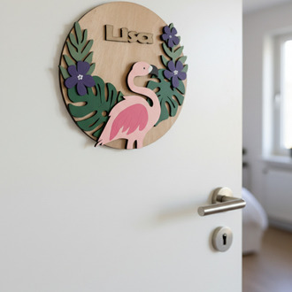 Özel İsimli Ahşap Bebek Kapı Süsü - 30 cm Flamingo ve Tropikal Çiçek Temalı El Boyaması