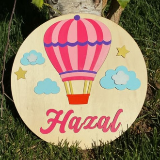 Özel İsimli Ahşap Bebek Kapı Süsü - 30 cm Sıcak Hava Balonu Temalı El Boyaması
