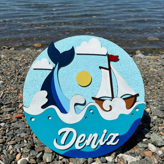 Özel İsimli Ahşap Bebek Kapı Süsü - 30 cm Denizci/Balina Temalı El Boyaması