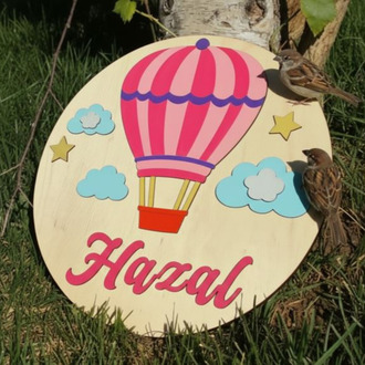 Özel İsimli Ahşap Bebek Kapı Süsü - 30 cm Sıcak Hava Balonu Temalı El Boyaması