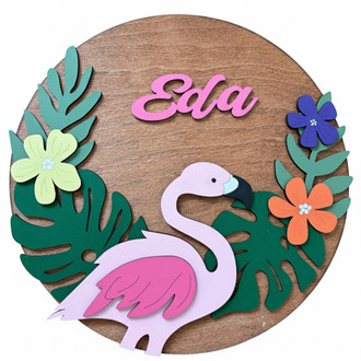 Özel İsimli Ahşap Bebek Kapı Süsü - 30 cm Flamingo ve Tropikal Çiçek Temalı El Boyaması
