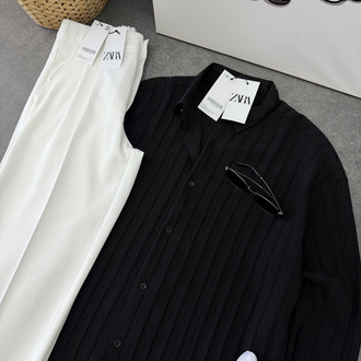 Zara Baggy Pantolon | Oversize Gömlek Kombin (Siyah/Fildişi)