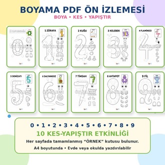 Kes-Yapıştır 2 | Sayıları Öğreniyorum | Renkli + Boyama PDF Paketi