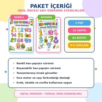 Kes-Yapıştır 2 | Sayıları Öğreniyorum | Renkli + Boyama PDF Paketi