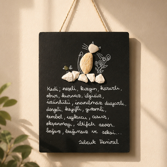 Kedi edebiyatlı "pebble art" tablo