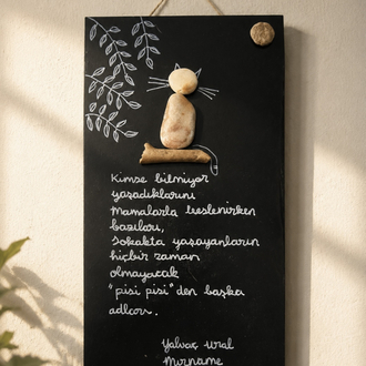 Kedi edebiyatlı "pebble art" tablolar