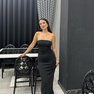 STRAPLEZ ETEĞİ FIRFIRLI UZUN ELBİSE