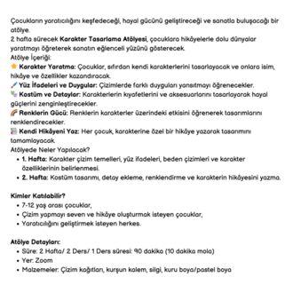 Çocuklar için Karakter Tasarlama Atölyesi 