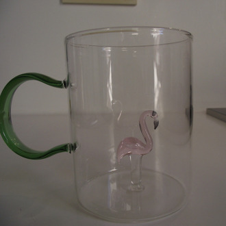 Isıya dayanıklı Flamingo objeli borosilikat 420 ml cam kupa