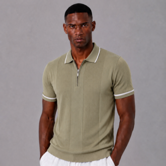 Polo Yaka Örgülü Fermuarlı Triko T-Shirt - Yeşil