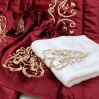 ZÜMRÜT KADİFE SECCADE BOHÇA TAKIMI (BORDO-GOLD)