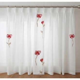 Taç Collection - Kırmızı Çiçek Nakışlı Tül Perde-EN. 250 cm -BOY: 250 cm -Seyrek Pile