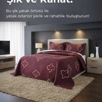 ÇİFT KİŞİLİK NAKIŞLI SATEN YATAK ÖRTÜSÜ-BORDO