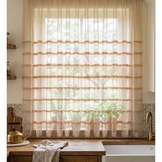 TAÇ COLLECTION -BEJ RENKLİ ORGANİZE PELUŞ ŞERİTLİ TÜL PERDE