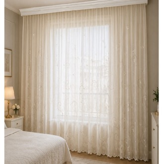 Taç keten tül perde-Nakış işlemeli-EN: 250 cm : YÜKSEKLİK: 250 cm -1/2 (seyrek) Pile